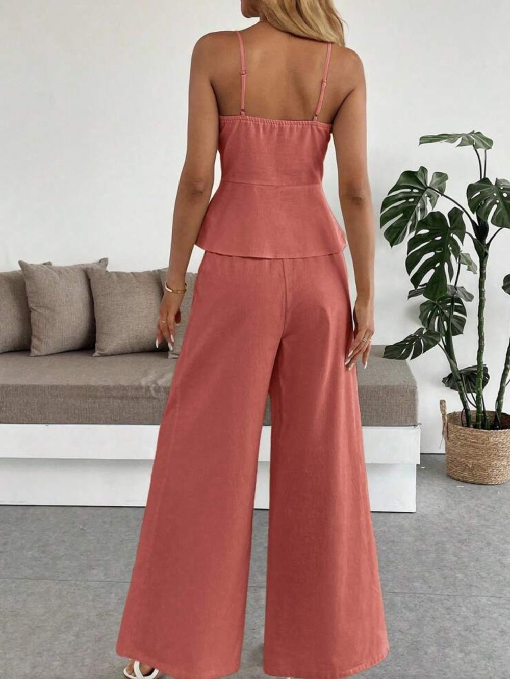 Orange 2 Piece Wide-Leg Pants with Structured Corset Bodice Top Set - Picture 2 of 6